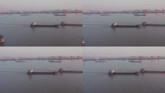 南京长江沿岸汽渡轮船货轮重工业污染航拍高清在线视频素材下载