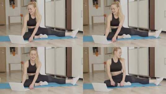女子在瑜伽垫上在线做瑜伽高清在线视频素材下载