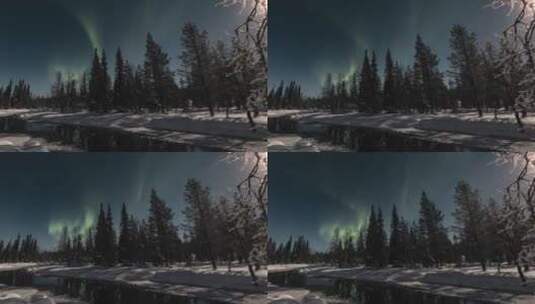 森林雪地上空出现北极光高清在线视频素材下载
