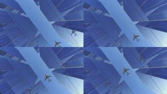 商务飞机飞越现代城市玻璃幕墙办公大楼高清在线视频素材下载