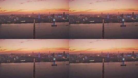 航拍夕阳下武汉长江大桥和现代城市风光高清在线视频素材下载