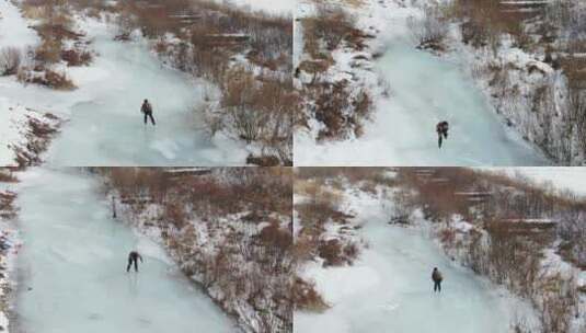 航拍东北冬天冰面滑冰的人高清在线视频素材下载
