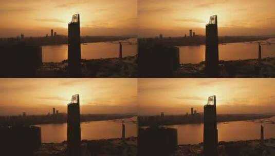 4k长沙城市建筑夕阳剪影航拍高清在线视频素材下载