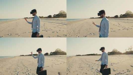 男人在海边玩虚拟眼镜高清在线视频素材下载