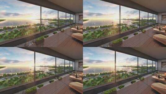 超大阳台景观看海景动画效果高清在线视频素材下载