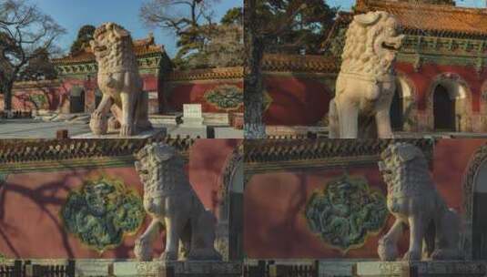 清福陵正红门前石狮子光影变换高清在线视频素材下载