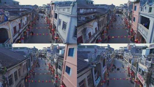 珠海斗门旧街骑楼灯笼老街电影取景地航拍高清在线视频素材下载