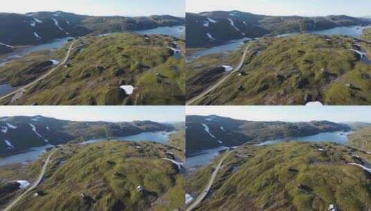 美丽的鸟瞰从山顶Vikafjell-小屋和休闲住宅在雄伟的景观高清在线视频素材下载