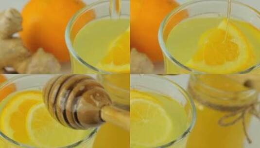 柑橘、生姜和蜂蜜烹饪饮料可增强免疫力高清在线视频素材下载