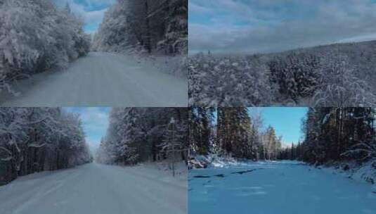 航拍雪景森林公路汽车行驶雪路上高清在线视频素材下载