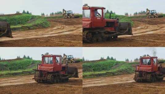 履带式拖拉机推土机，带有金属铲斗，在通往挖掘机的土路上行驶高清在线视频素材下载