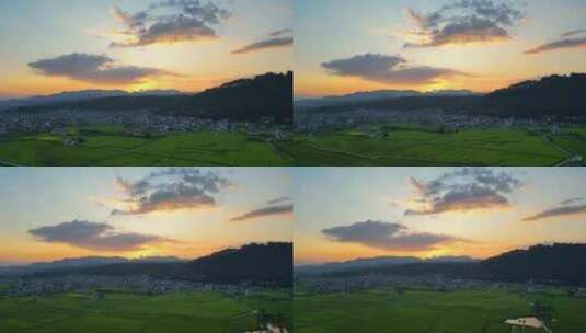 夕阳下的稻田村庄高清在线视频素材下载
