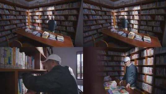 4K退休老教师农家书屋整理书柜合集高清在线视频素材下载