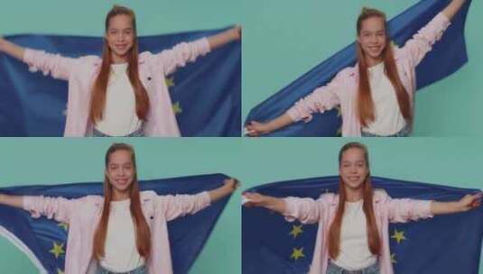 挥舞欧盟旗帜的女孩微笑欢呼欧洲的民主法律高清在线视频素材下载
