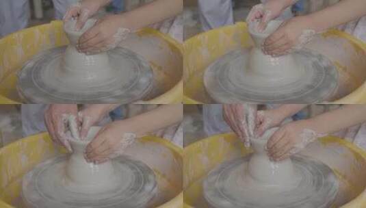 慢镜头升格江西景德镇手工陶瓷瓷器拉胚高清在线视频素材下载