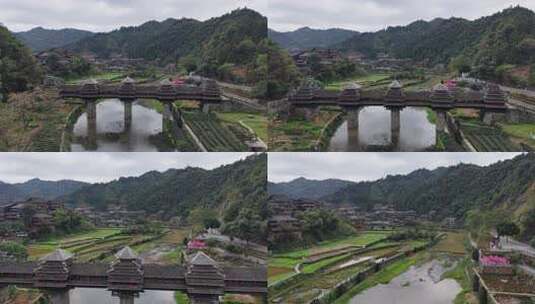 广西柳州三江程阳八寨风雨桥航拍高清在线视频素材下载