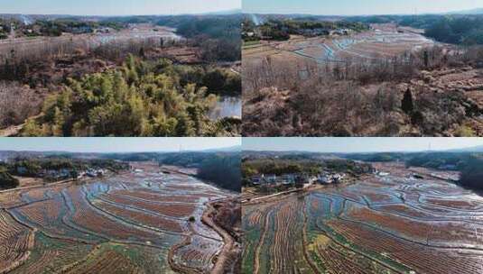 航拍农村水田俯瞰乡村山地风景高清在线视频素材下载