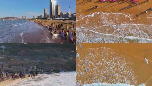 航拍威海国际海水浴场火炬八街沙滩海浪海鸥高清在线视频素材下载