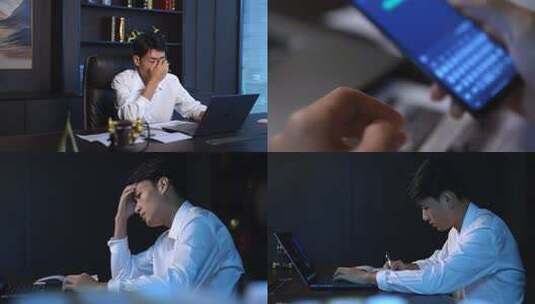 艰难创业男子夜晚加班写方案高清在线视频素材下载
