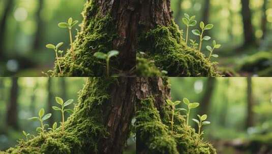 树干旁嫩绿幼苗生长画面高清在线视频素材下载