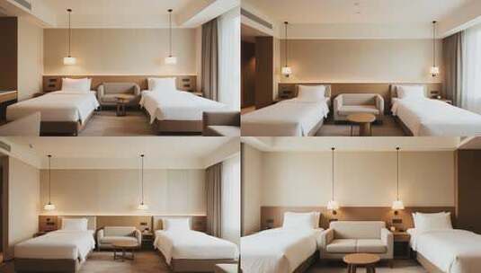 现代风格酒店客房双床场景高清在线视频素材下载