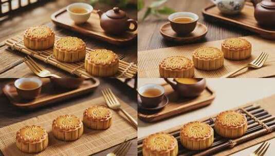 月饼与茶具的特写画面高清在线视频素材下载
