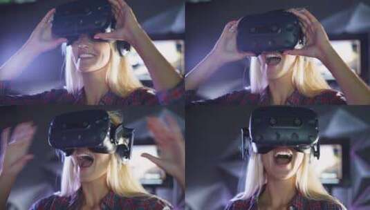 女性戴上虚拟现实眼镜探索虚拟空间高清在线视频素材下载