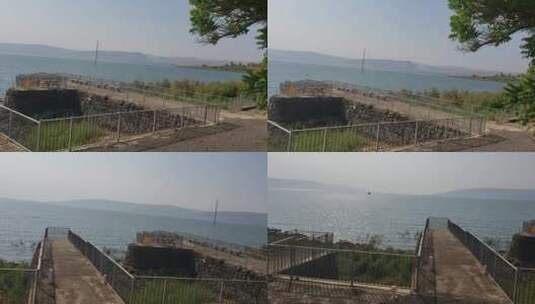海湾边有钢栏杆的观景台高清在线视频素材下载