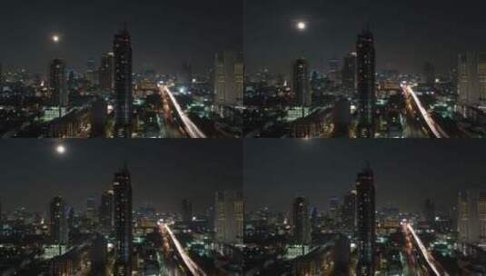 曼谷城市上空月亮在升起高清在线视频素材下载