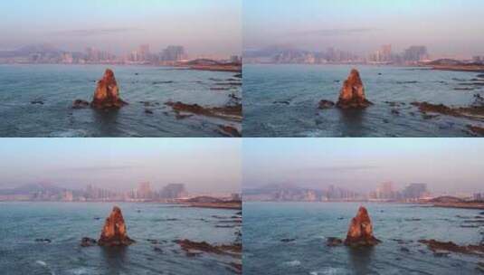 青岛石老人海边日出航拍高清在线视频素材下载