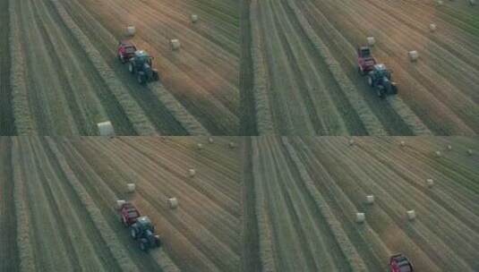 拖拉机在麦田里捆扎麦秸秆高清在线视频素材下载