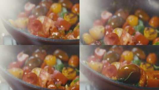 樱桃番茄在油锅里被翻炒高清在线视频素材下载