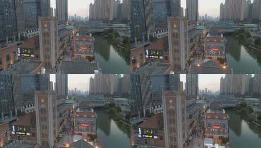 武汉市汉街航拍黄昏街景人工河道步行街桥高清在线视频素材下载