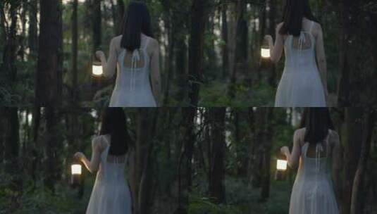 女孩提着马灯在夜幕降临的树林里行走高清在线视频素材下载