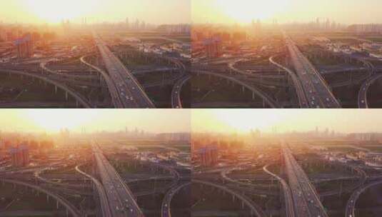 航拍夕阳下杭州萧山机场城市大道高架车流高清在线视频素材下载