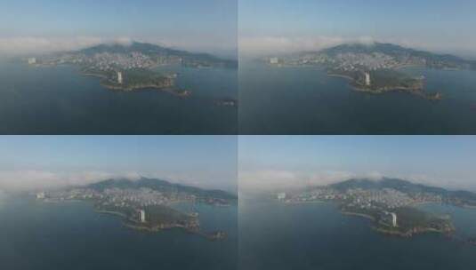 航拍云雾之中的威海合庆湾高清在线视频素材下载