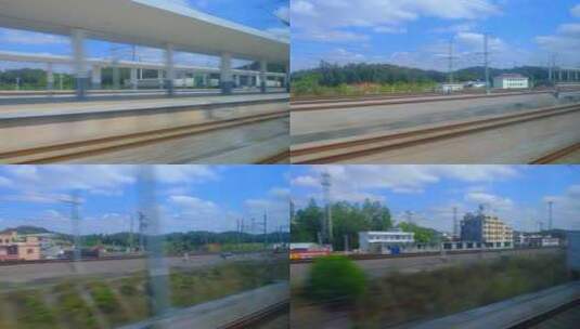 高速行驶中高铁动车火车窗外模糊景色高清在线视频素材下载