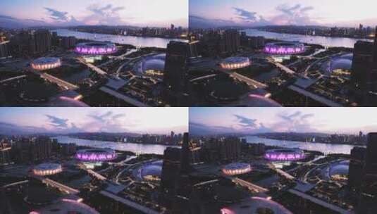 杭州滨江奥体中心亚运会体育场馆傍晚航拍高清在线视频素材下载