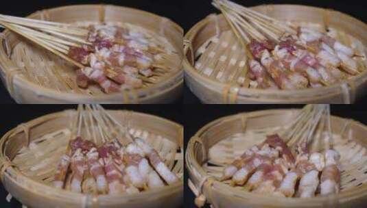 猪五花肉串小串肉串钵钵鸡炸串烤串美食高清在线视频素材下载
