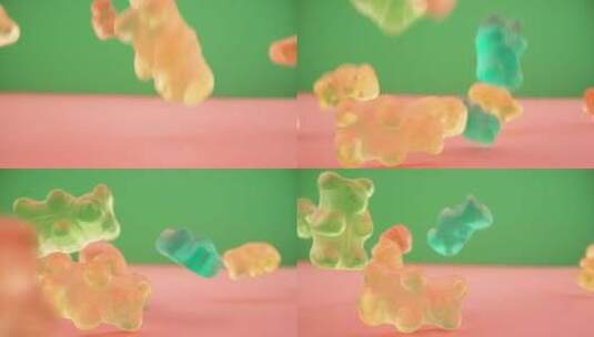 坠落的橡皮熊糖果慢镜头高清在线视频素材下载