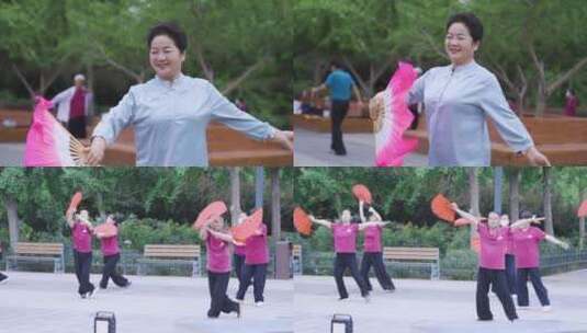 中老年人公园跳广场舞扇子舞幸福晚年生活高清在线视频素材下载