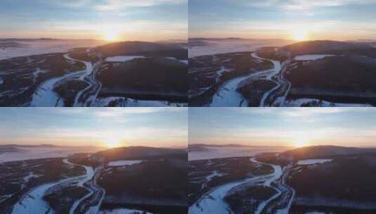 航拍呼伦贝尔冬季雪原河湾暮色高清在线视频素材下载