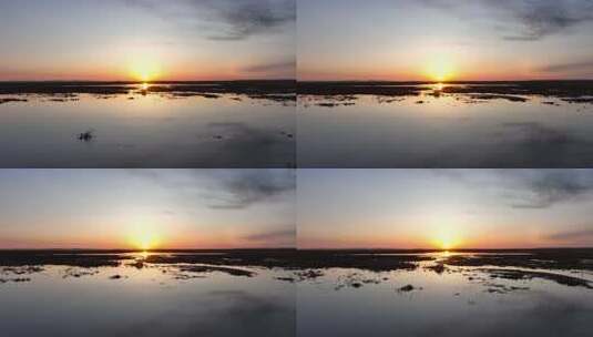 草原湿地日出水鸟游弋朝霞映水面高清在线视频素材下载