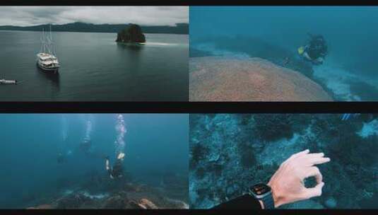 FPV无人机航拍美女潜水游艇海底美景四王岛高清在线视频素材下载