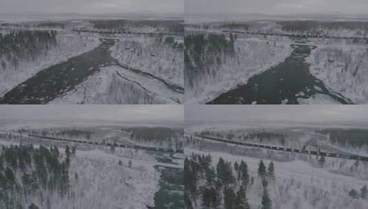 雪域森林和火车从无人机视图在4k60 Fps Dlog高清在线视频素材下载