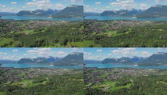法国阿尔卑斯山阿纳西湖和山村全景景观-天线高清在线视频素材下载