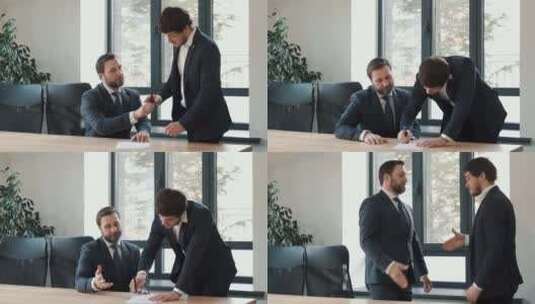 两个男人在会议室签字握手高清在线视频素材下载