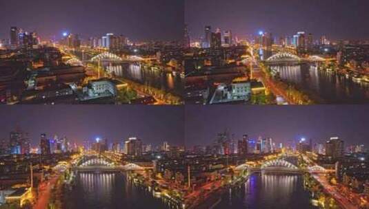 天津直沽桥夜景航拍高清在线视频素材下载