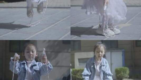 可爱女孩跳绳升格脚步特写运动健身小区路上高清在线视频素材下载
