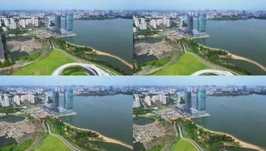 航拍海南海口海甸岛天空之山城市天际线风景高清在线视频素材下载